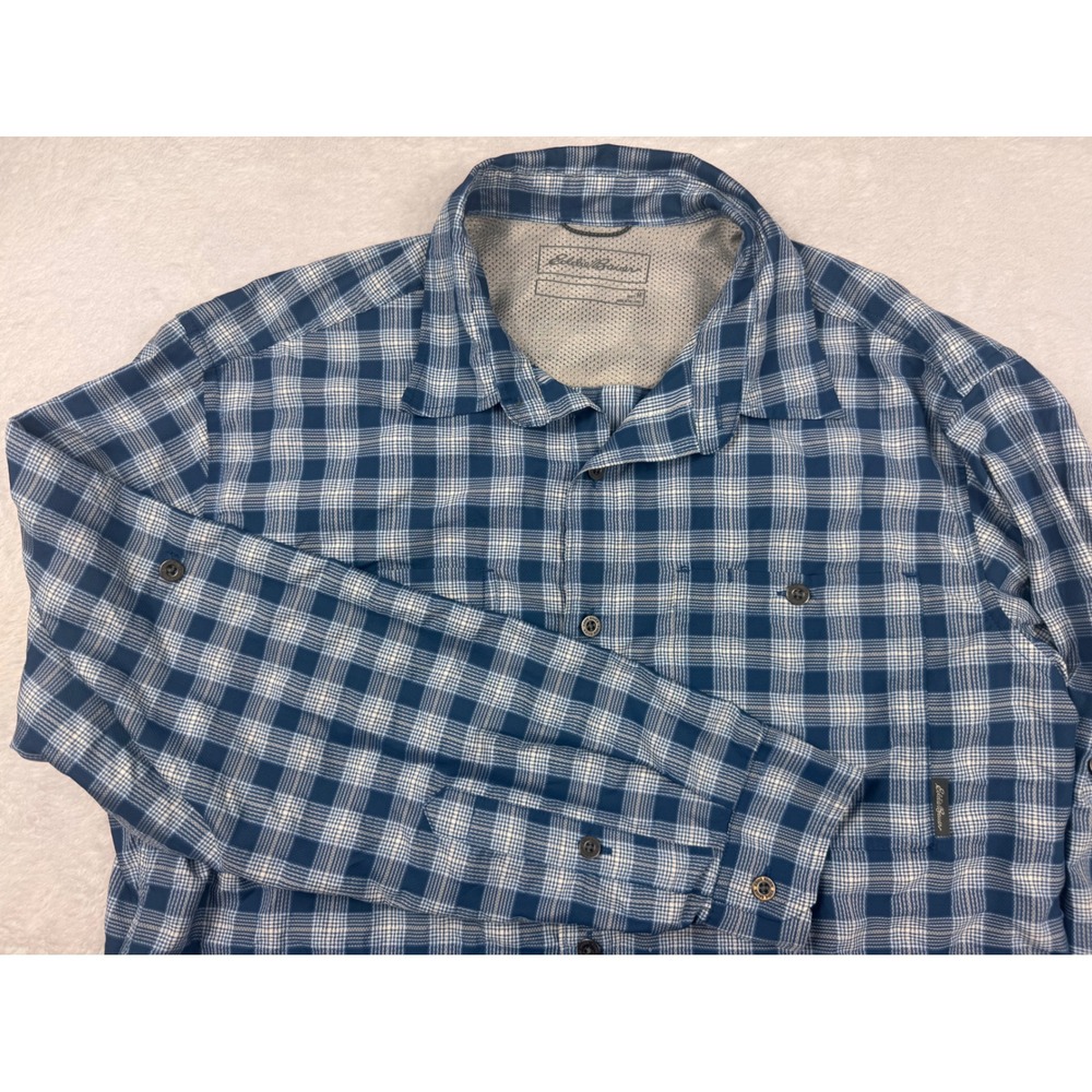 Eddie Bauer Mens Blue Plaid Long Sleeve Button Down Hiking Shirt Size M